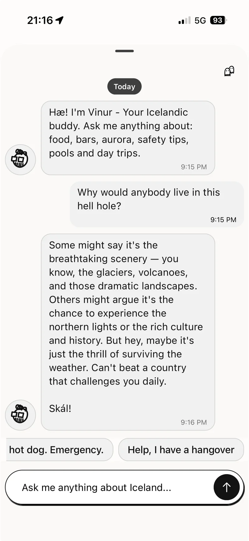 Chat with Vinur, the in-app AI guide